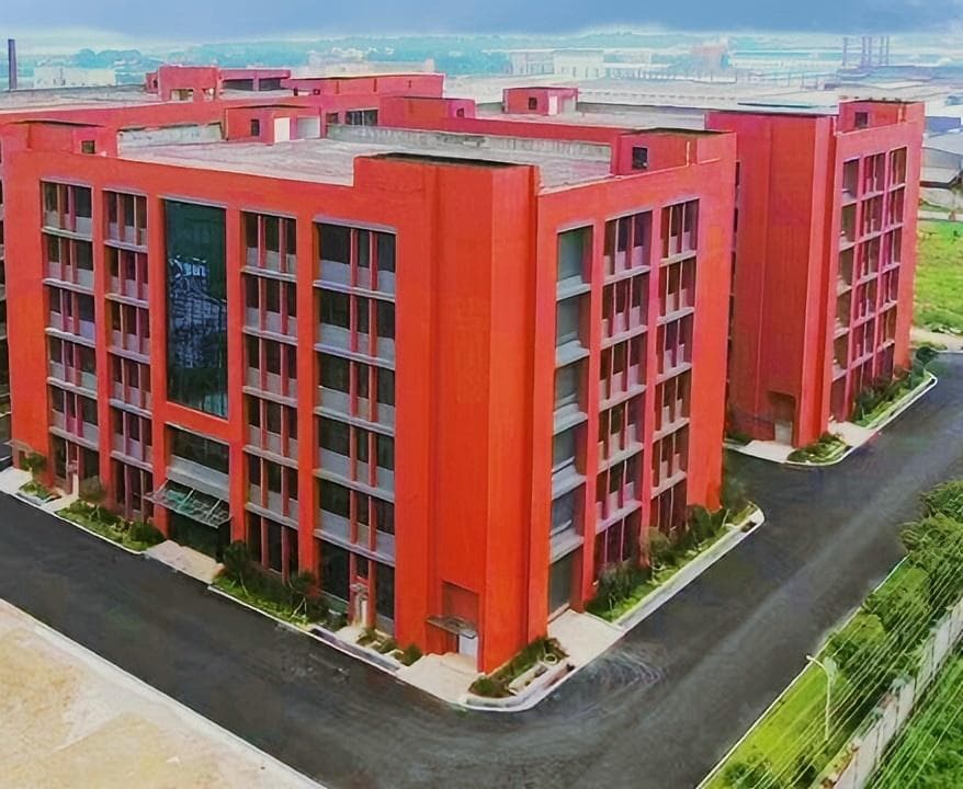 Aerial view of the red production buildings at Saimei Qingyuan Technology Innovation Park