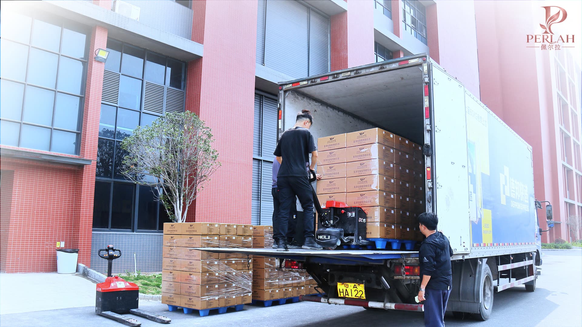 Finished cosmetic goods being loaded for shipment